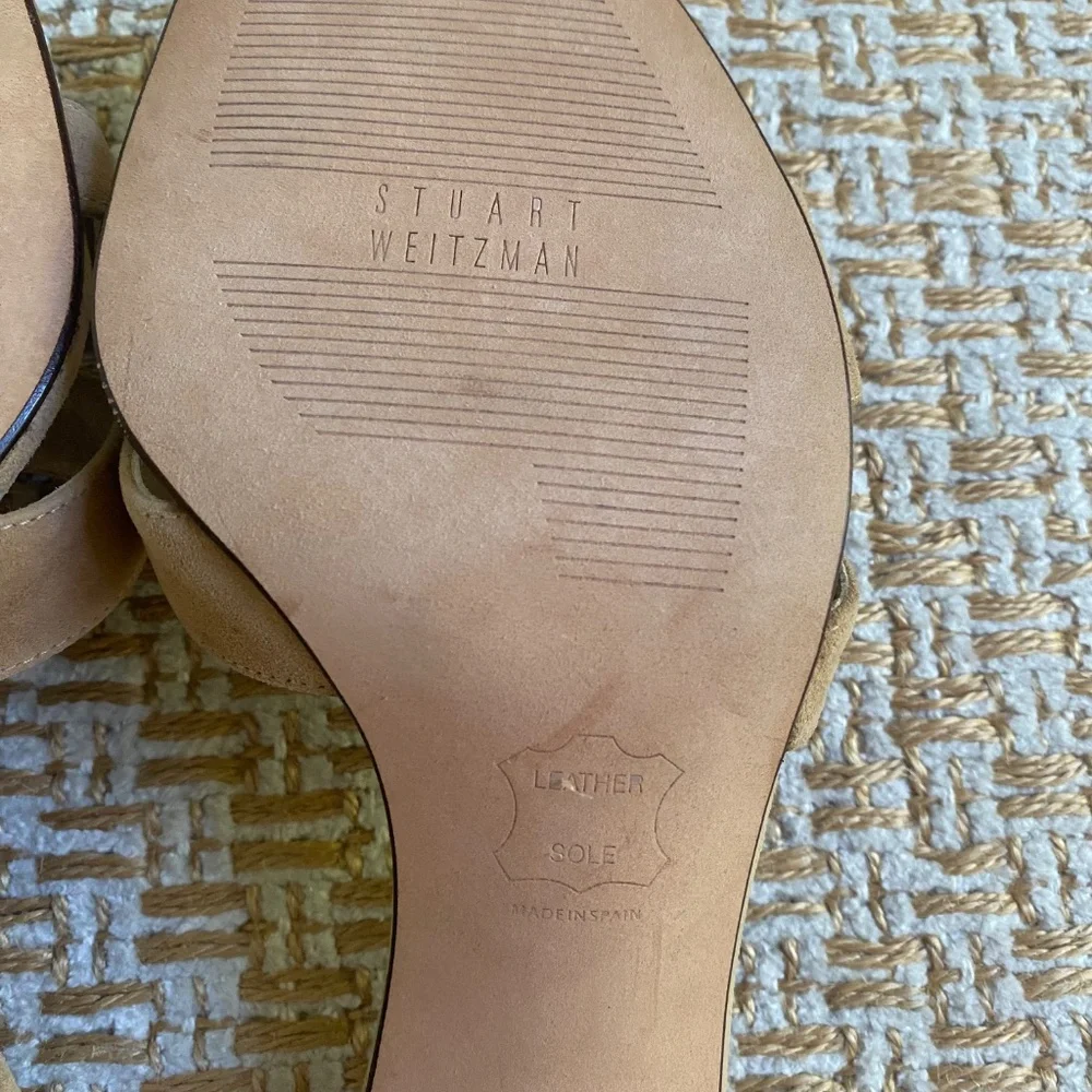 Stuart Weitzman Tan & Blue Slip on Beaded Heel Sandals 7.5 - Picture 5 of 7